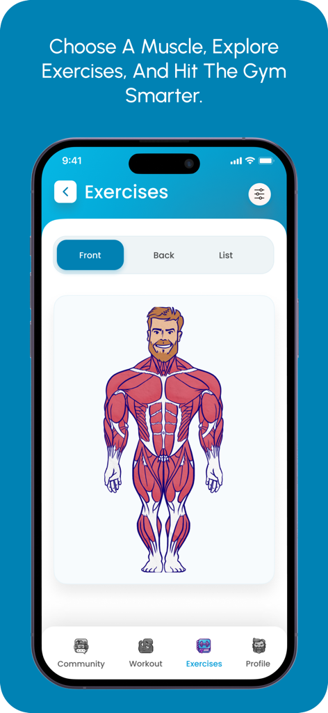 BUFF | Gym Workout Tracker - The BUFF gym workout tracker app interface displaying a muscular anatomy map for selecting exercises.