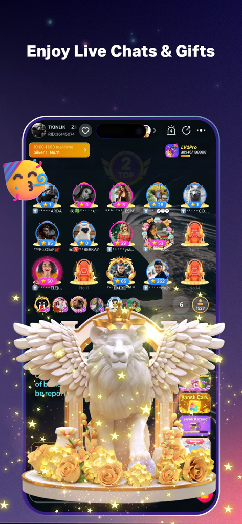 SoulChill app interface displaying a live voice chat room with user avatars and a large winged lion virtual gift