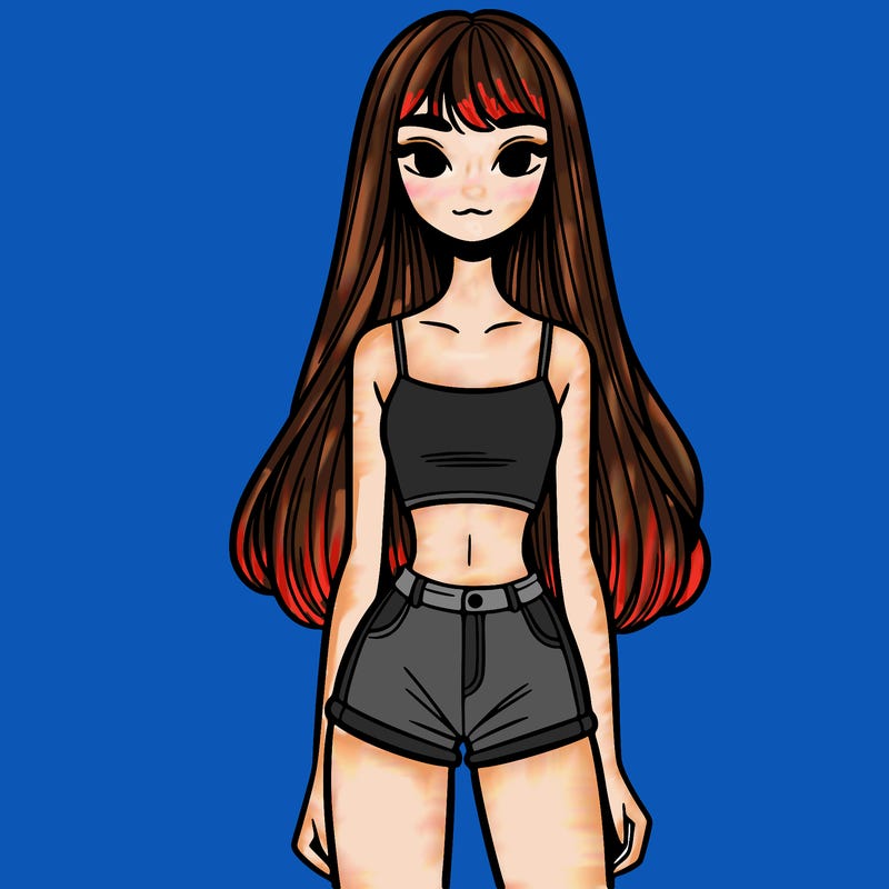 skinny girl with a crop top and short skirt and long hair