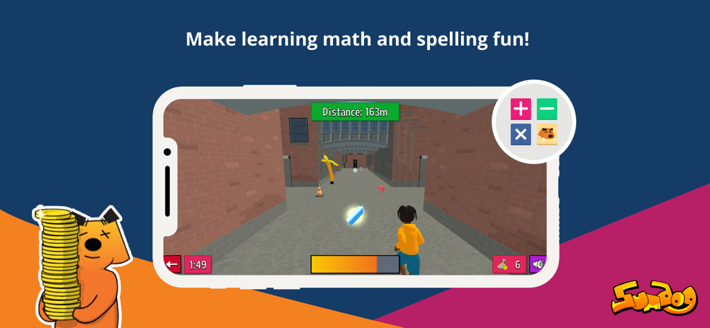 Sumdog app screen showing a 3D educational game with math and spelling symbols