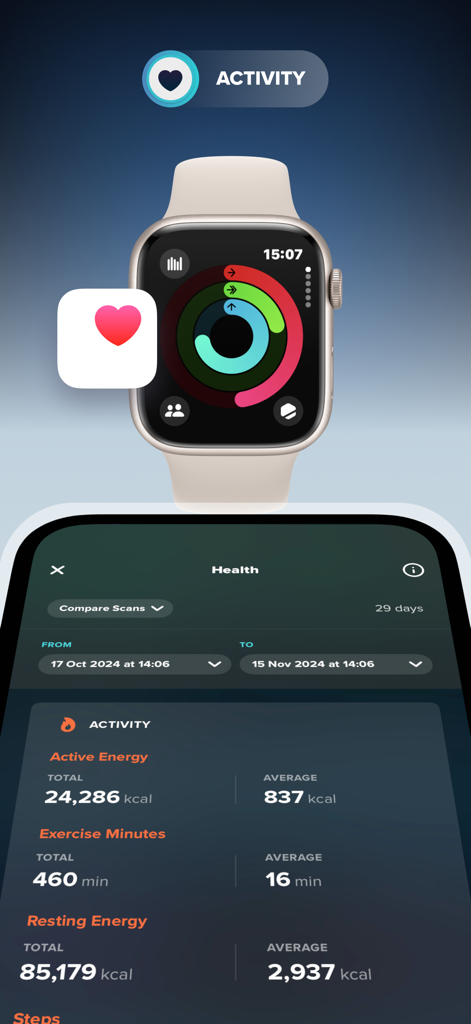 ZOZOFIT: 3D Body Scanner - ZOZOFIT app displaying fitness activity and health data integrated with an Apple Watch