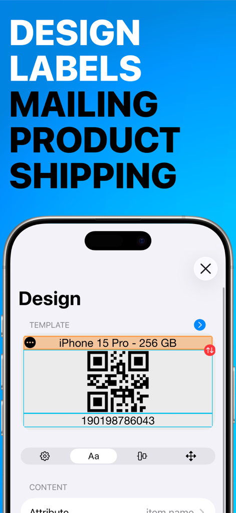 Design-Oberfläche der Label Maker App, die ein QR-Code-Etikett für ein Produkt zeigt