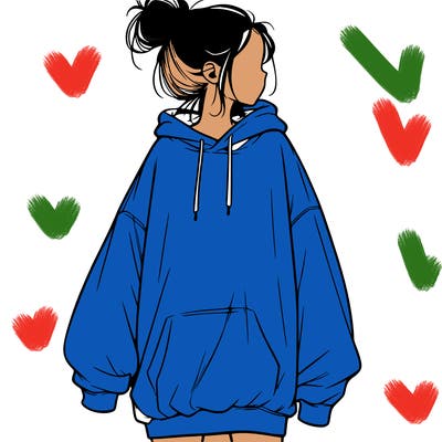 realistic girl with a oversized sweatshirt on and a bun