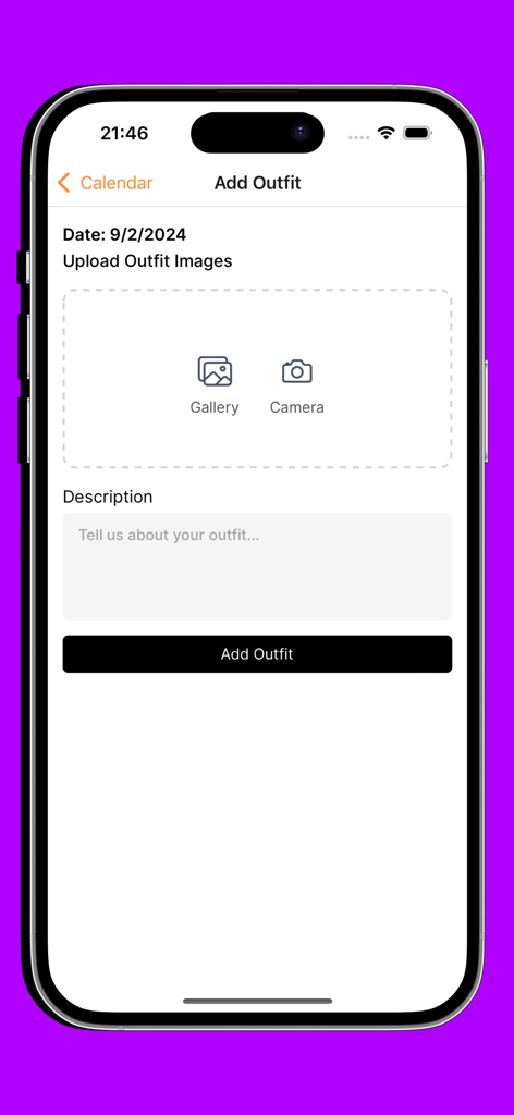Interfaz de usuario para subir imágenes de atuendos y agregar una descripción para una fecha específica.