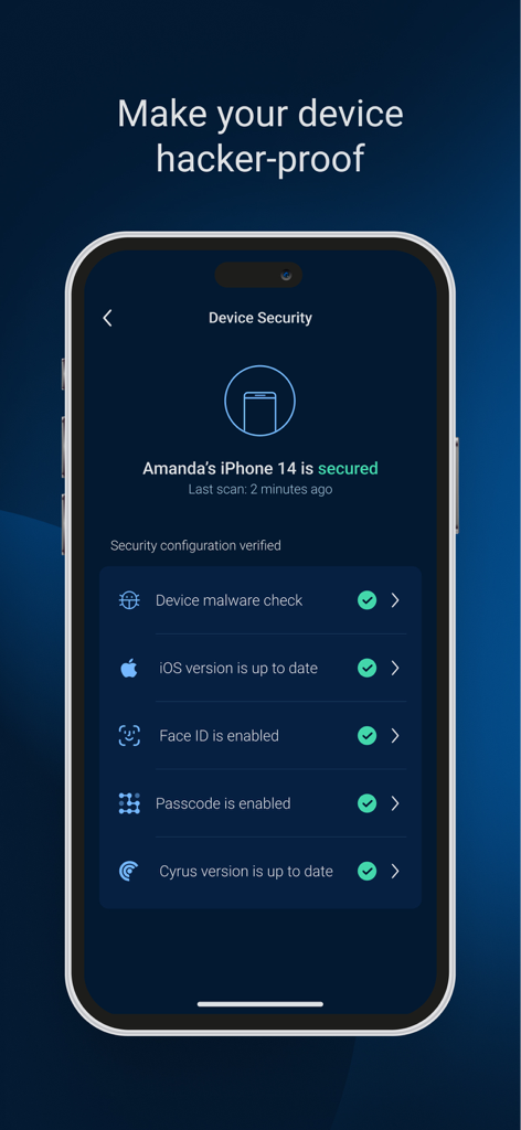 Cyrus Identity by Malwarebytes - Cyrus Identity app dashboard showing a secured iPhone status with verified security checks