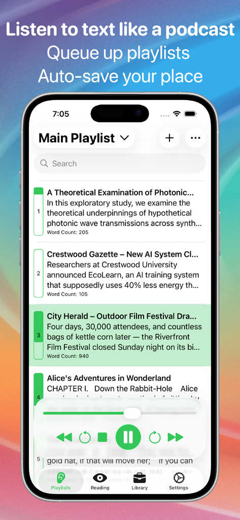 RoboSpeech app showing the main playlist with a list of articles and podcast style playback controls