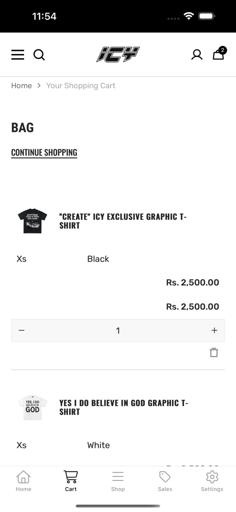 Shopping cart view in the Wear Icy app displaying selected graphic tees