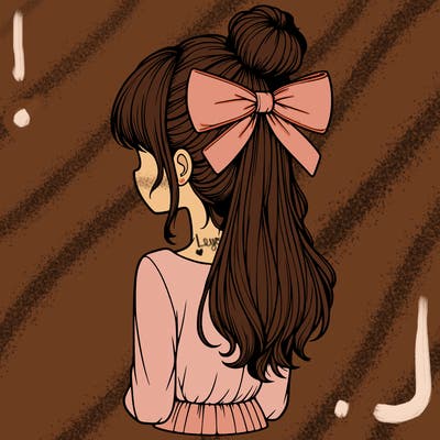realistic girl  with hip length hair a bun and a big bow on the back of head