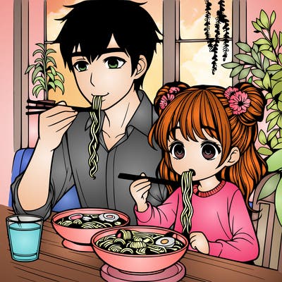 girl and her dad eating ramen realistic