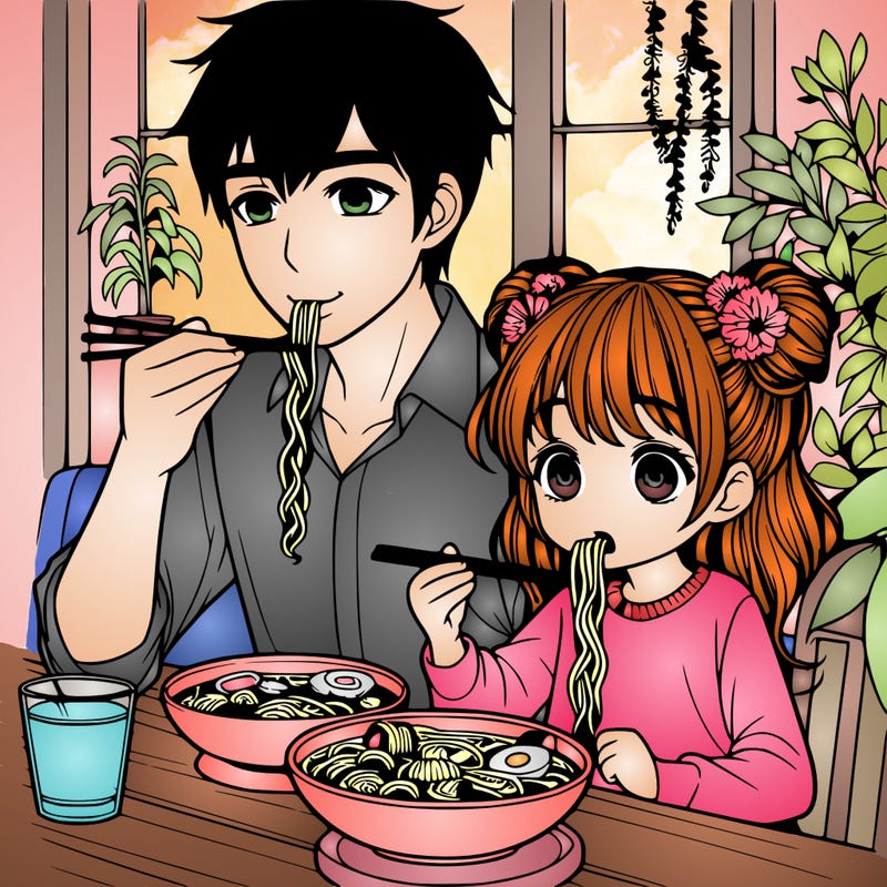 girl and her dad eating ramen realistic