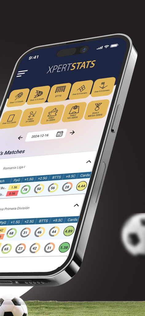 XpertStats Betting Tips - XpertStats app interface displaying soccer betting statistics and daily odds categories