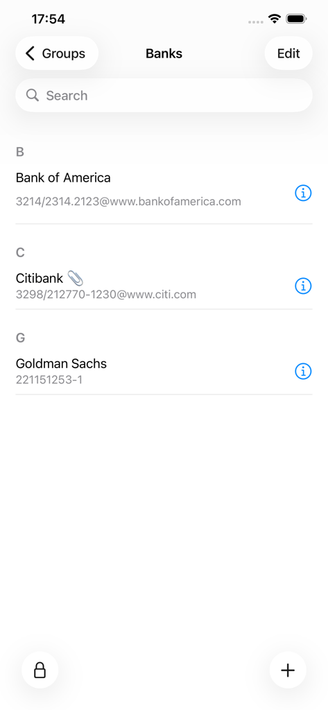 Interface of the pwSafe 2 app showing a list of saved bank passwords in the Banks group