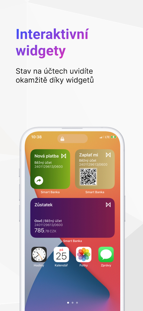 iPhone home screen showing MONETA Smart Banka interactive widgets for account balance and QR code payments