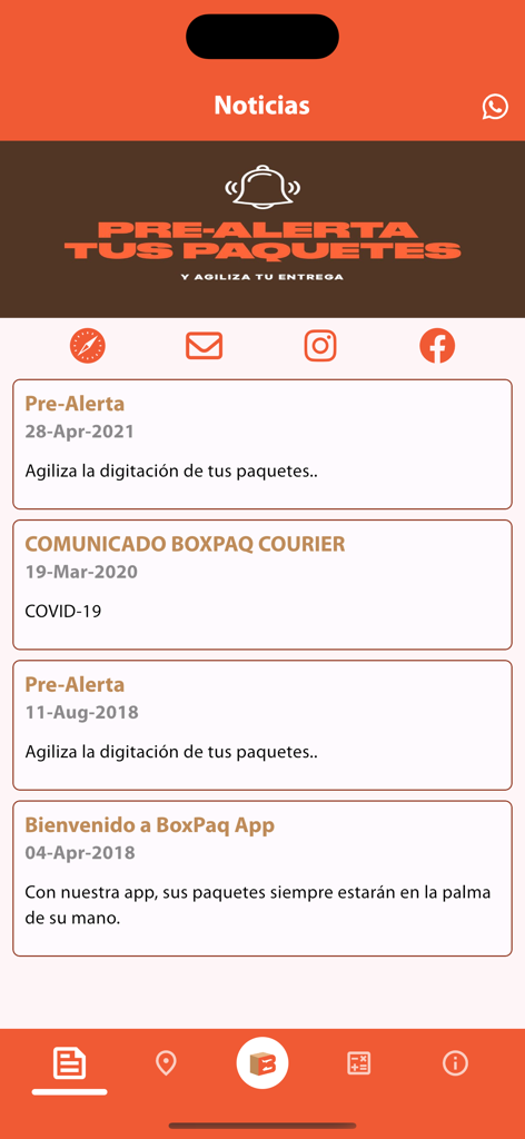 Boxpaq - Schermata delle notizie e notifiche dell'app mobile Boxpaq che visualizza opzioni di pre-alert dei pacchi e aggiornamenti di servizio in spagnolo.