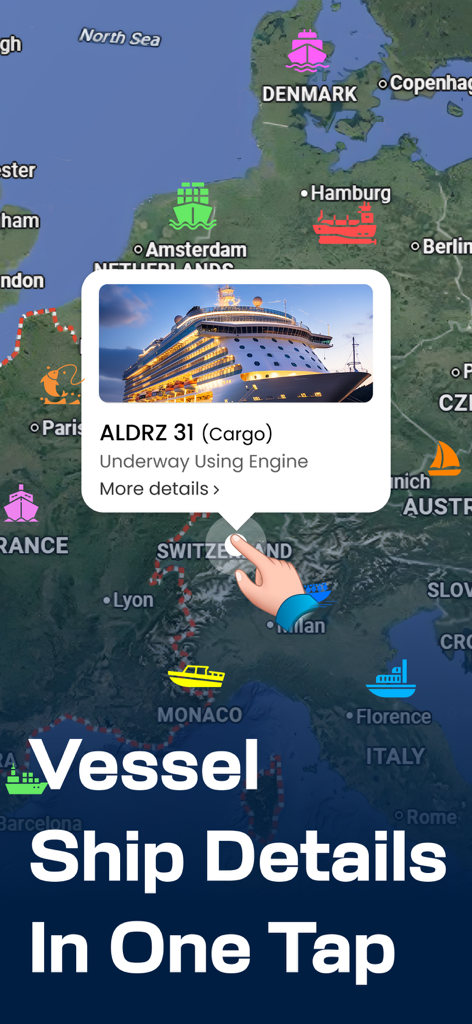Una interfaz de aplicación móvil que muestra un mapa marítimo con una pantalla emergente de detalles del barco para un buque de carga