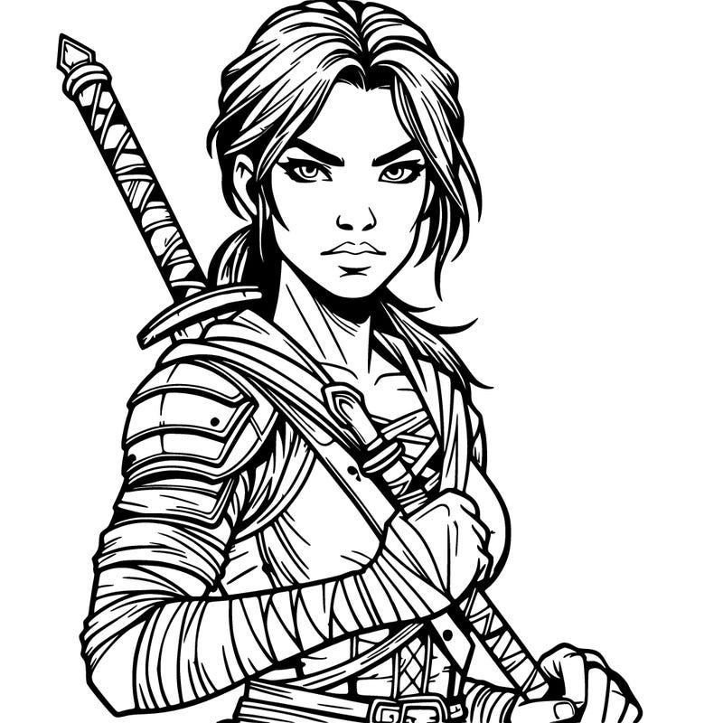 female warrior who looks fierce and strong realistic  with a weapon