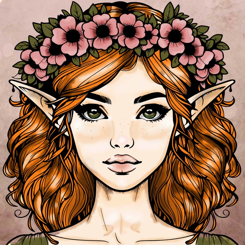 realistic female elf with flower crown