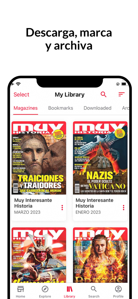 Muy Interesante Historia - Interface da app Muy Interesante Historia mostrando uma biblioteca digital de revistas de história.