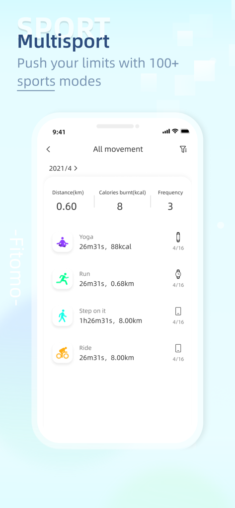Fitomo - Pantalla de la aplicación Fitomo que muestra registros de actividad multideporte para yoga, running y ciclismo.