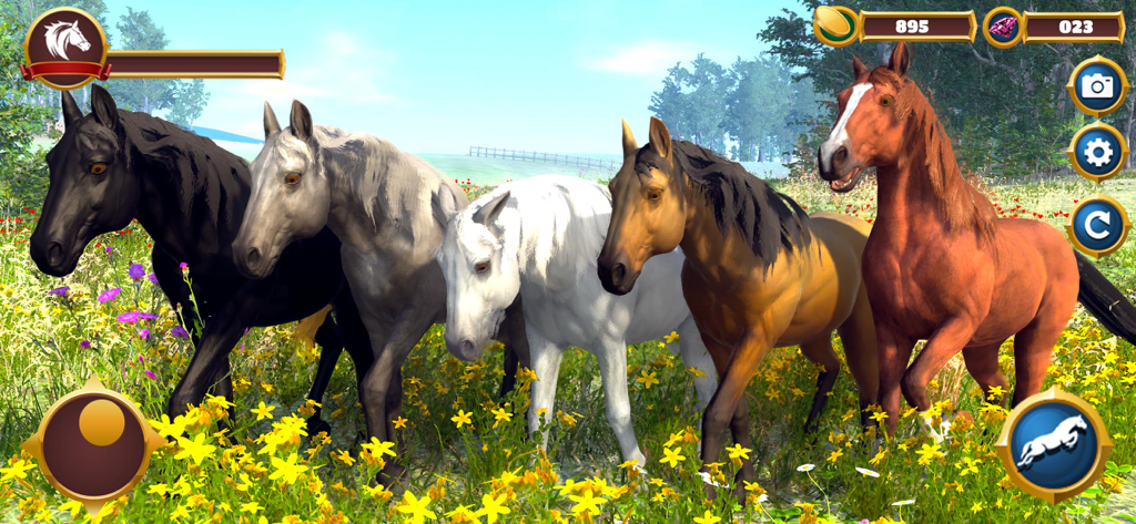 Virtual Horse Family Simulator - Una manada de cinco caballos de diferentes colores parados en un campo de flores amarillas