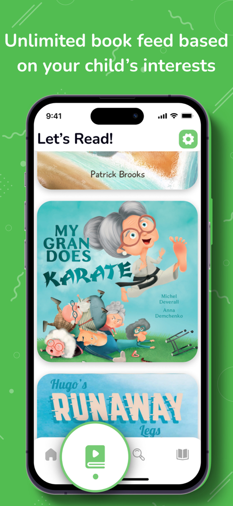 Booka app screen showing a personalized library of children books with titles like My Gran Does Karate.