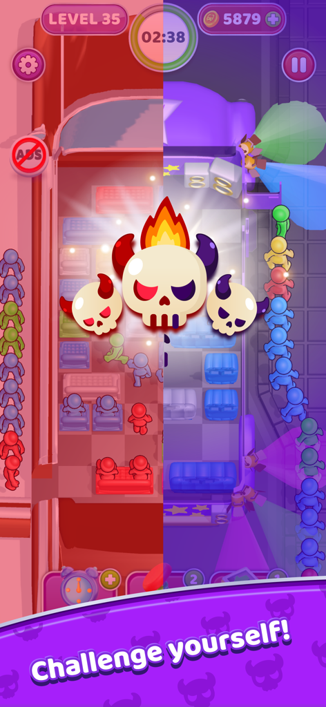 Seat Away - Seat Away mobile game challenge screen with flaming skulls and passengers