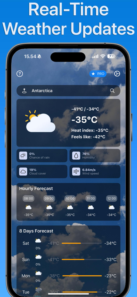 Pantalla de smartphone mostrando actualizaciones meteorológicas en tiempo real con pronósticos por hora y de 8 días.