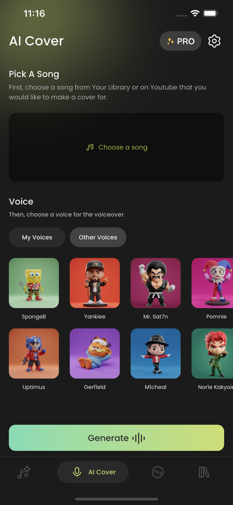 Melofy - AI Music Maker - Interface for choosing a song and an AI character voice to create music covers in the Melofy app.
