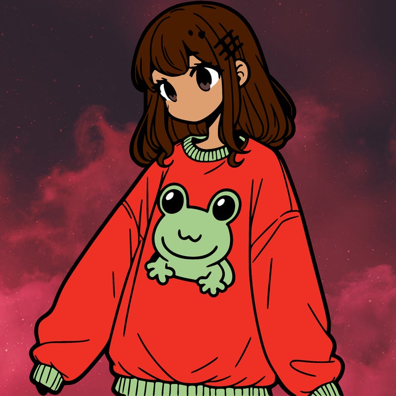 girl wearing frogging sweatshirt