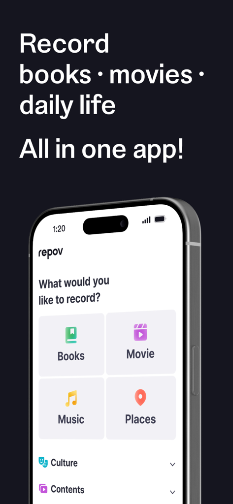 Teléfono inteligente mostrando la pantalla principal de la aplicación repov con categorías para registrar libros, películas, música y lugares.
