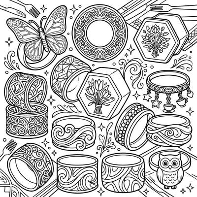 Elevate your coloring experience with this exquisite page featuring a stunning collection of napkin rings and holders. Each piece boasts intricate designs, from elegant Celtic patterns to charming animal motifs, perfect for detailed coloring.