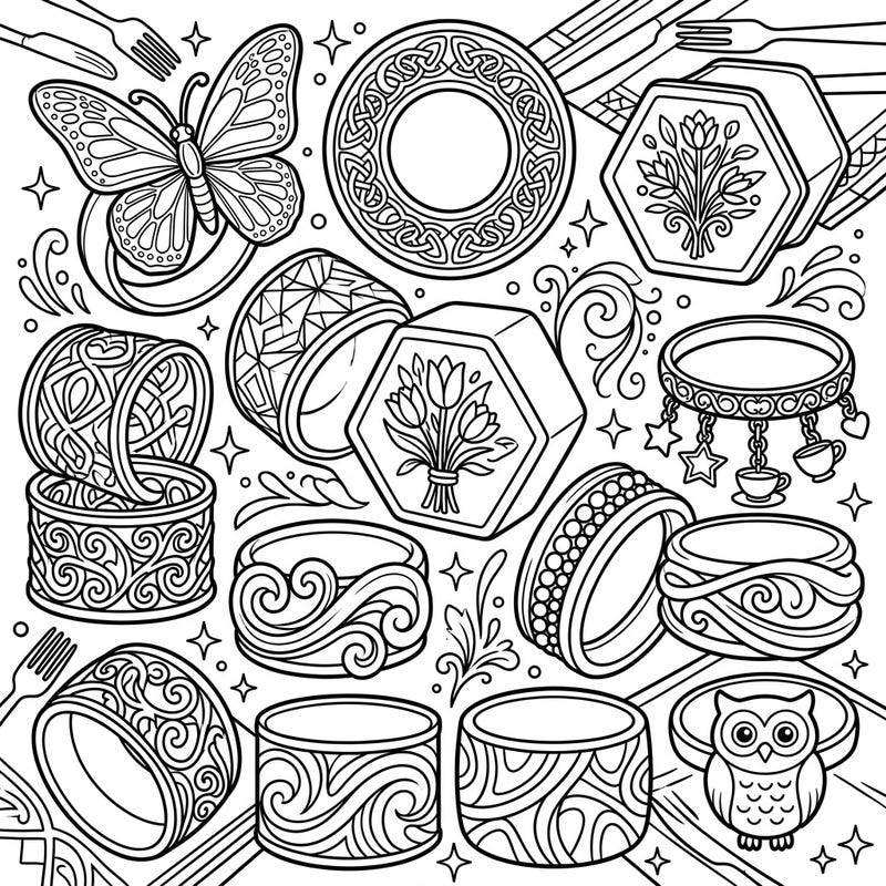 Elevate your coloring experience with this exquisite page featuring a stunning collection of napkin rings and holders. Each piece boasts intricate designs, from elegant Celtic patterns to charming animal motifs, perfect for detailed coloring.