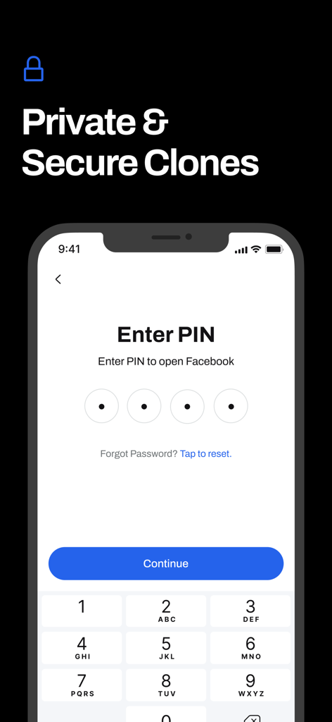 Clone It: Dual App Cloner - Clone It app interface showing a PIN entry screen to access a secured cloned Facebook account