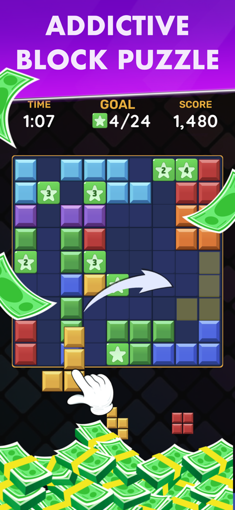 Block Cash: Win Real Money - Gameplay screen of Block Cash showing a block puzzle grid with stacks of money and real cash rewards.