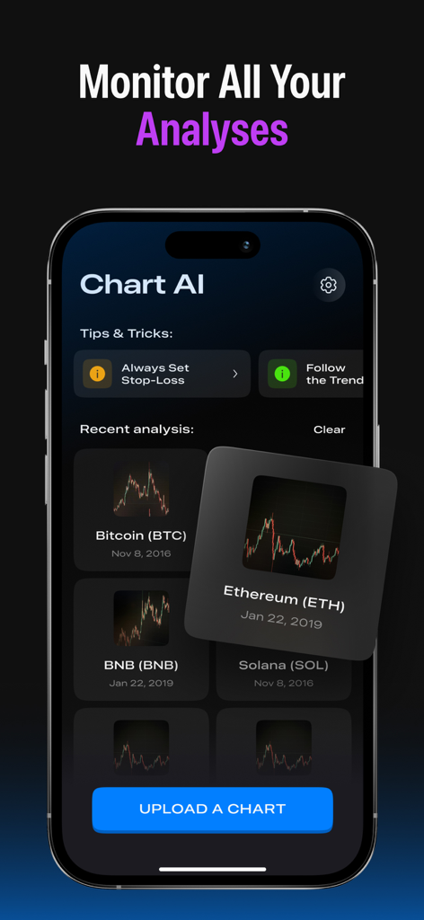 Chart AI - Trading Signal Bot - Interface of Chart AI app showing a list of recent crypto chart analyses for Bitcoin Ethereum and Solana