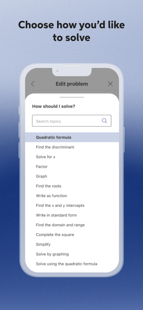 Mathwayアプリの画面に、二次方程式を解くためのさまざまな方法が表示されている様子