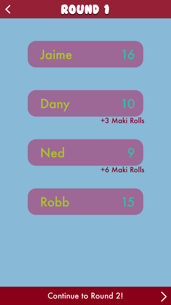 Sushi Go! Score Calculator - Score summary screen for Round 1 in the Sushi Go Score Calculator app showing points and Maki Roll bonuses for four players.