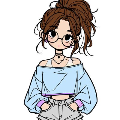 girl with a messy ponytail glasses a baggy crop top and jean shorts
