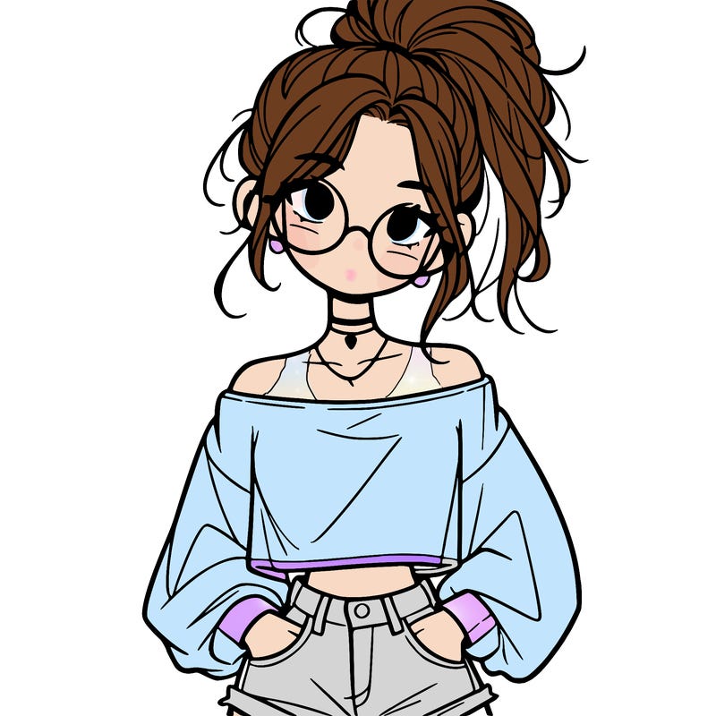 girl with a messy ponytail glasses a baggy crop top and jean shorts