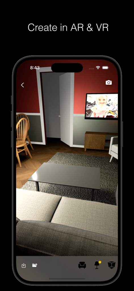 Room Genie 6D Design Simulator - Room Genie app interface showing a virtual 3D living room design with furniture