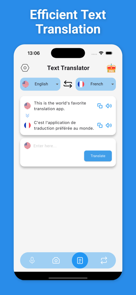 French Translator & More + - Text translation screen of the French Translator app showing an English to French translation.