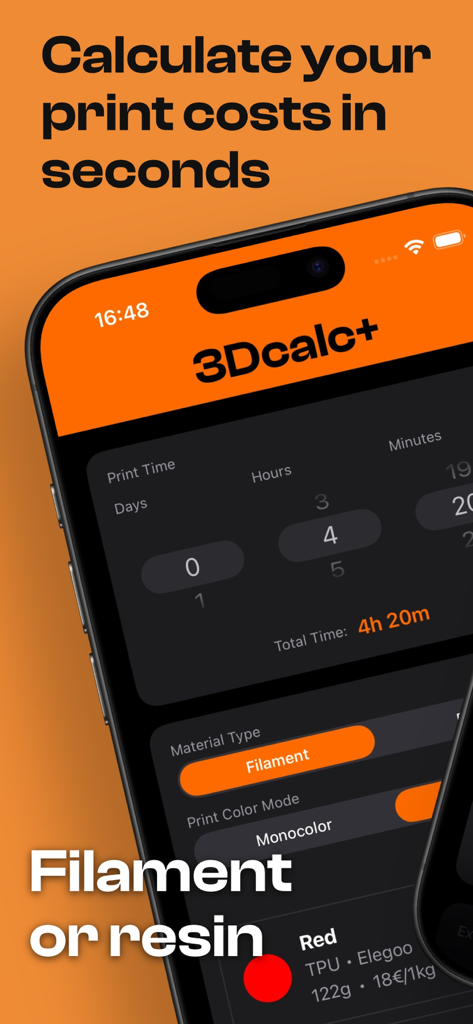 3D 프린팅 비용을 계산하기 위한 3Dcalc plus 모바일 앱 인터페이스, 프린트 시간 및 재료 옵션 포함