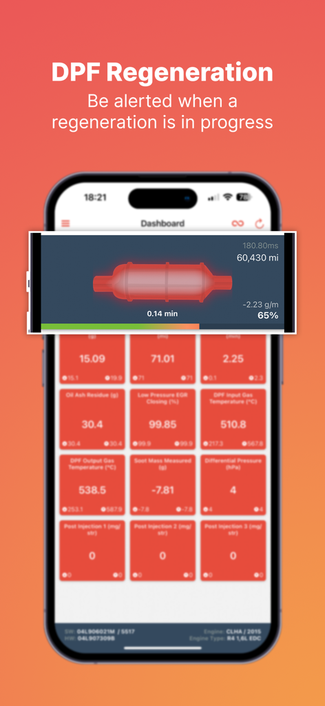 Interfaccia dell'app DPF Monitor per VAG che mostra lo stato di rigenerazione e dati tecnici del motore su un dashboard iPhone