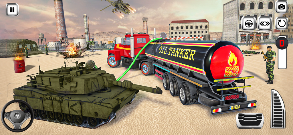 Truck Simulator Driver Games - A red oil tanker truck refueling a green military tank in a desert simulation game environment