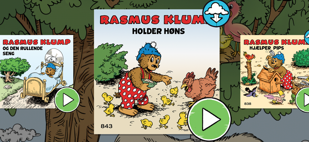 Rasmus Klump - Digital bookshelf in the Rasmus Klump app showing illustrated storybook covers with Danish titles and play buttons
