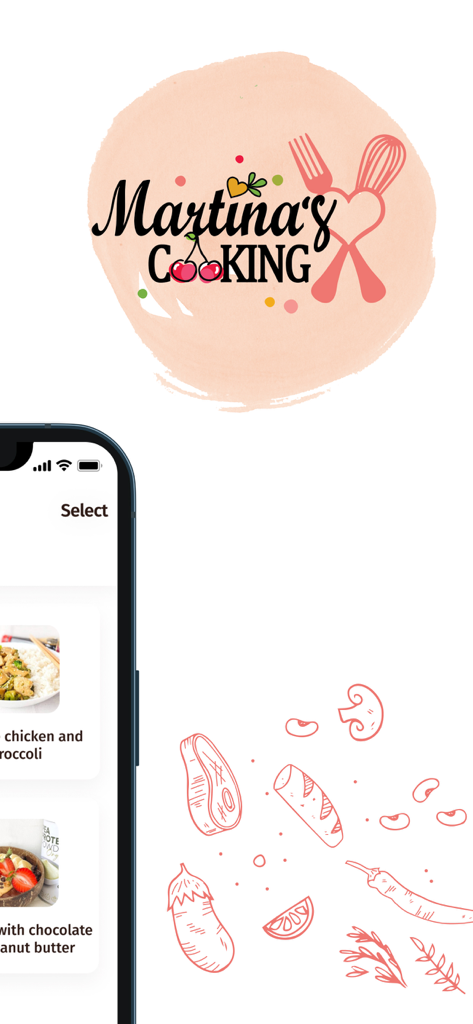 Martina's Cooking - Martina's Cooking app logo with recipe previews on a mobile phone screen