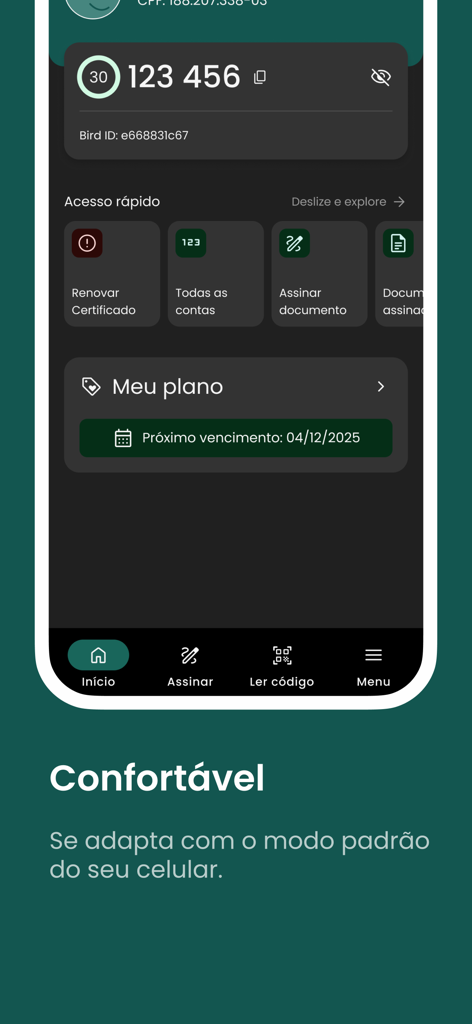Screenshot dell'interfaccia dell'app Bird ID in modalità scura che visualizza un codice OTP e opzioni di gestione del certificato digitale.