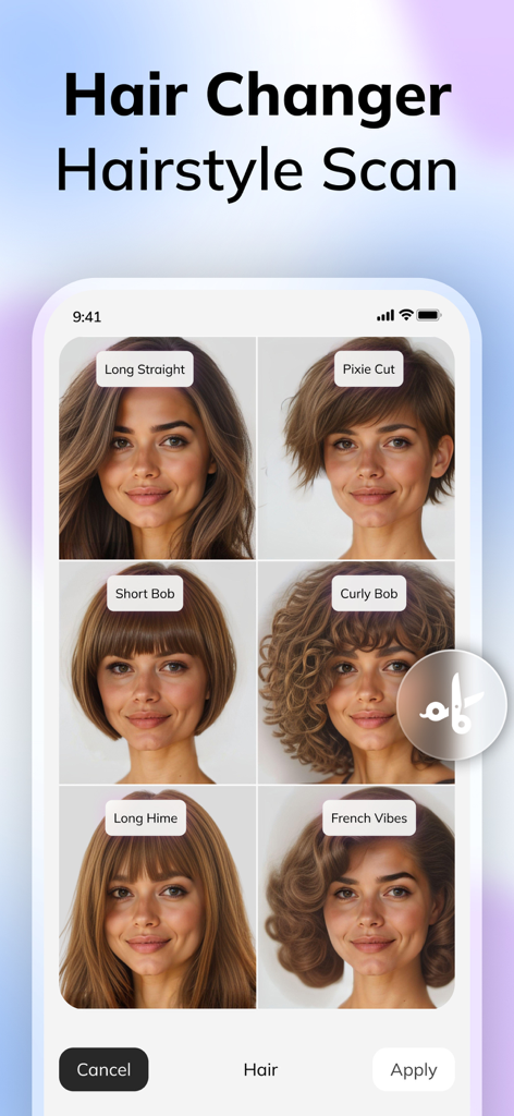 HairApp: AI Hairstyle Try On - A mobile app interface displaying a grid of different AI hairstyles like pixie cut and curly bob for virtual try-on.