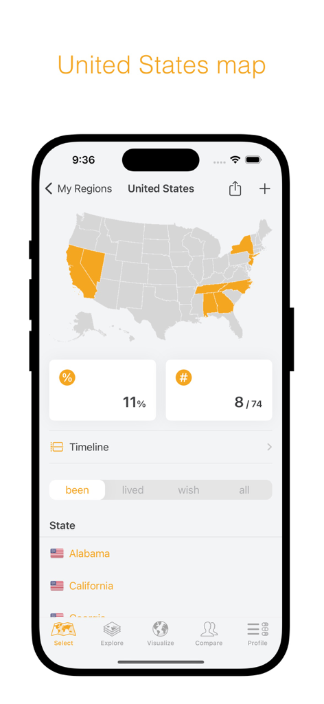 been - Mappa degli Stati Uniti nell'app been che mostra gli stati visitati evidenziati in arancione con statistiche di viaggio