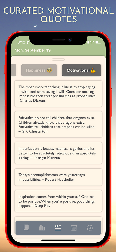 Daily Journal+ - Interfaz de la aplicación Daily Journal plus mostrando una lista de citas motivacionales seleccionadas en la pantalla de un iPhone.